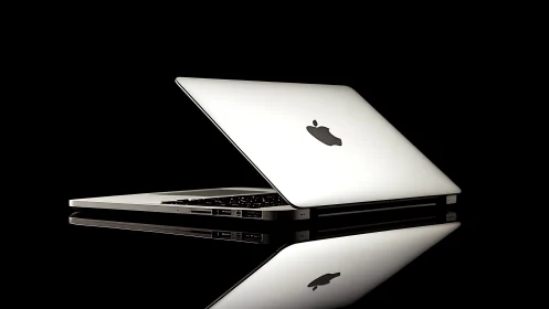 Sleek silver laptop resting in calm, reflective darkness.