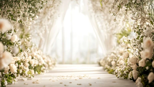 Sunlit floral wedding aisle glowing with soft white blooms.
