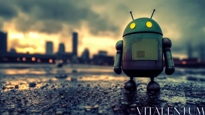 Small green robot on wet urban surface at dusk period.