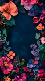 Vibrant Floral Frame Against Deep Blue Background.