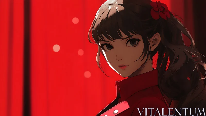 Anime girl in red coat stands before bold crimson backdrop