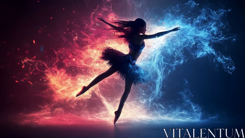 Fire and ice ballet dancer in luminous midair motion.