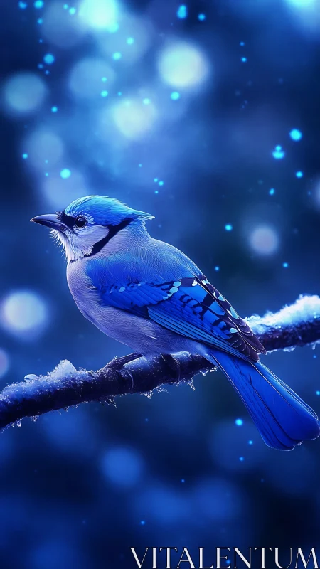 Blue Jay Perched on Frost-Covered Branch in Winter.