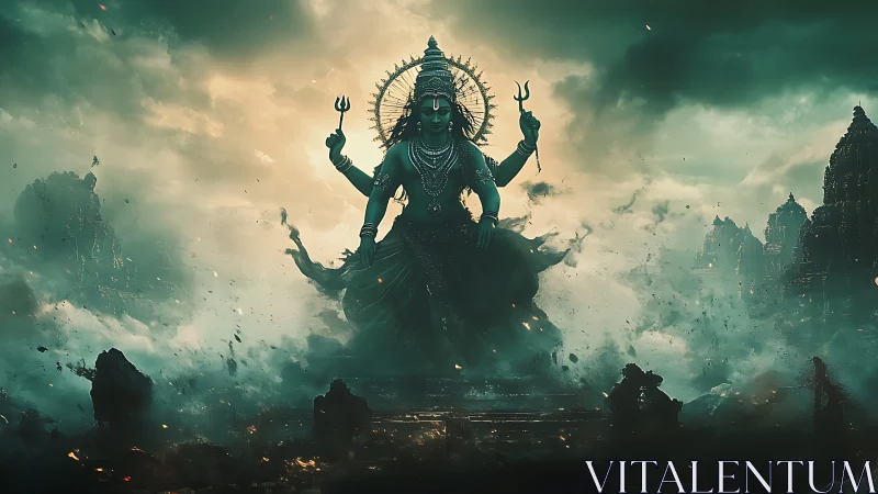 Mythic multi-armed deity amid turbulent temple stormscape.
