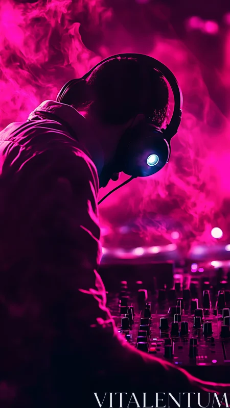 Neon shrouded DJ sculpting midnight beats in magenta haze.