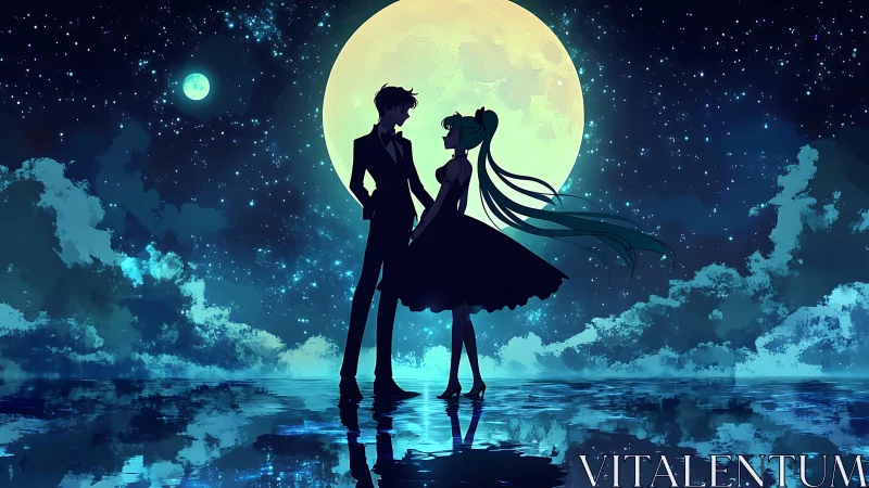 Moonlit lovers silhouetted over reflective celestial sea.