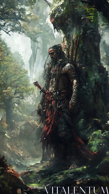 Tattooed jungle warrior sentinel in misted primeval ravine