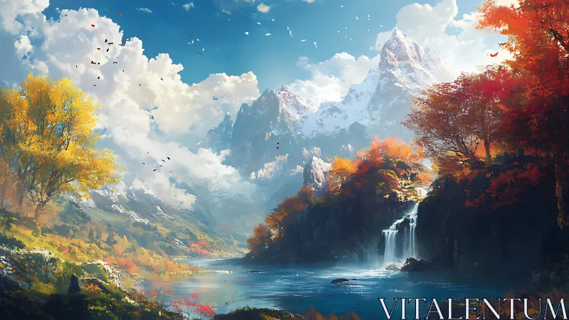 Golden valley, bright river and distant snowcapped peaks.