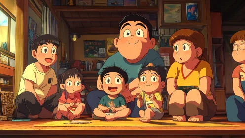 Warm family gathers on tatami floor in evening anime room