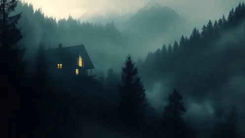 Cabin light pierces dense mist in moody alpine forest