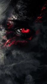 Infernal red eye emerging through smoke and charred skin