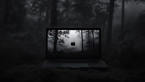 Forest portal flickers alive inside a midnight laptop glow