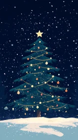 Decorated evergreen tree stands under a starry winter sky