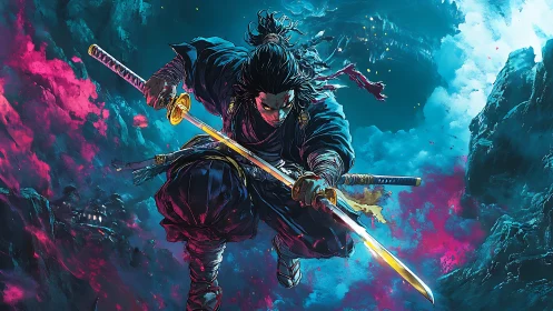 Samurai warrior mid-air with dual katanas in neon clouds.