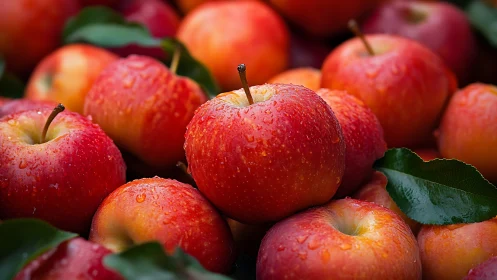 Glowing red apples with dewdrops in tight macro cluster.