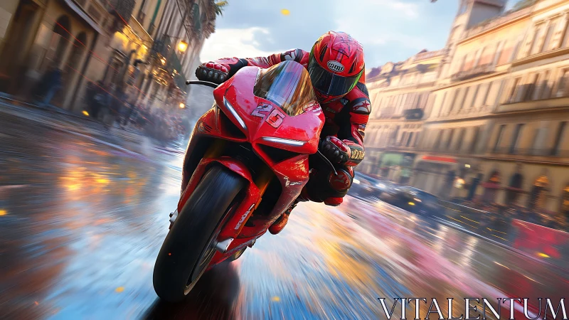 Aerodynamic superbike lean through reflective wet city street.