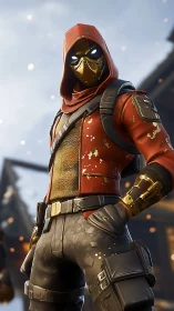 Hooded armored character rendered in detailed 3D scene