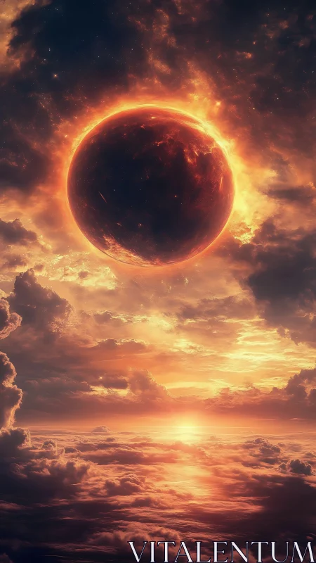 Fiery eclipse world glowing above a dreamy sunset sky.