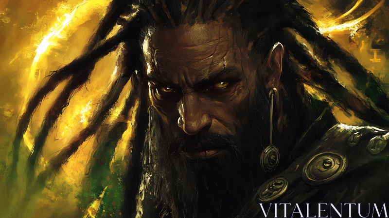 Digital painting portrait of fierce warrior with golden backlight.