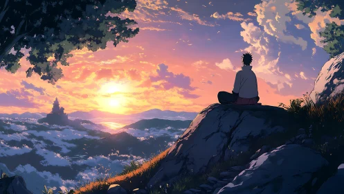 Solitary watcher over luminous sunset sea of clouds.