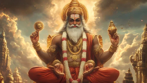 Radiant multi-armed sage deity in temple-cloud convergence.