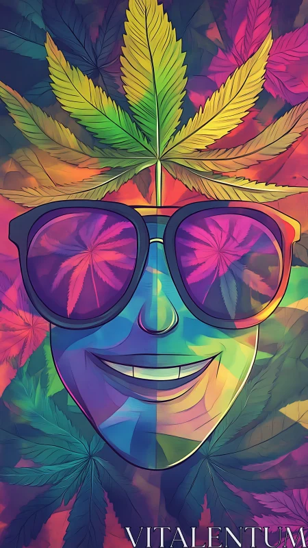 Psychedelic cannabis portrait with mirrored gradients and leaf reflections