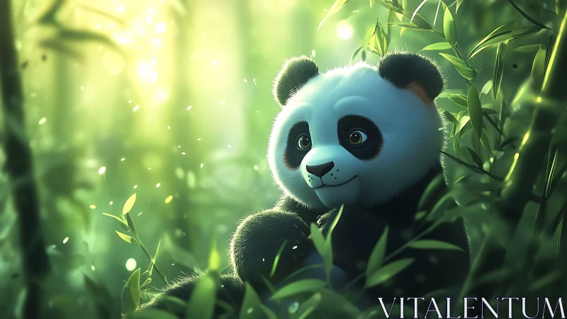 Cartoon panda rests in glowing bamboo forest clearing