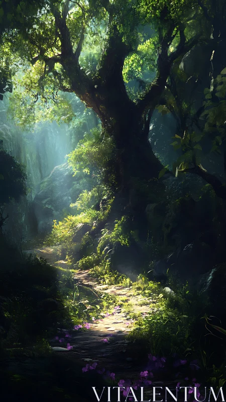Luminous Path Through Ancient Giant's Cathedral of Green
