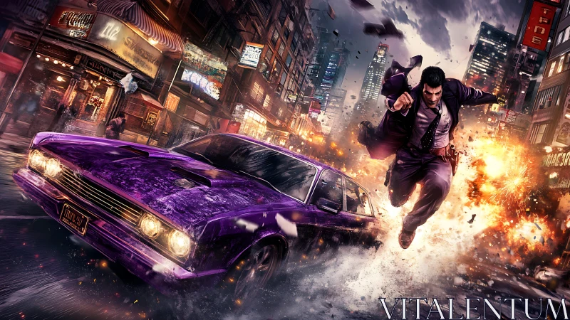 Explosive night pursuit with purple muscle car and agent.