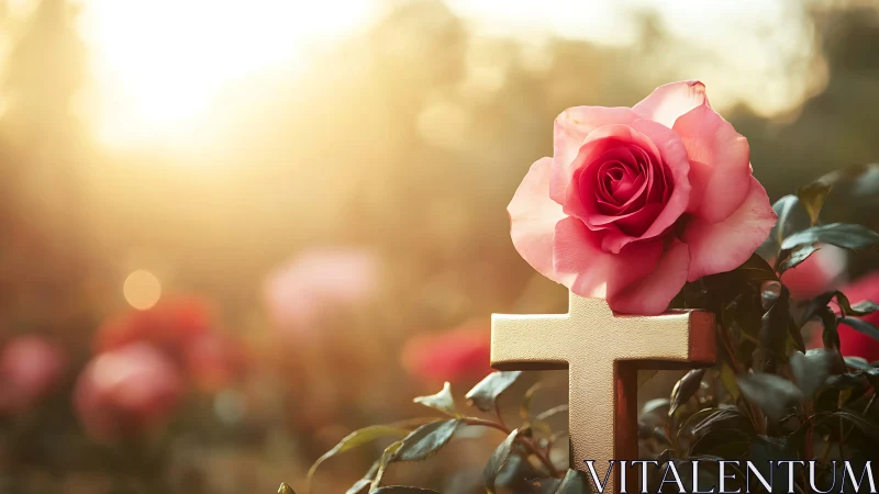 Pink rose and gold cross in warm sunset memorial scene.