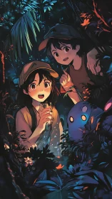 Kids explore a glowing forest creature under starlit foliage