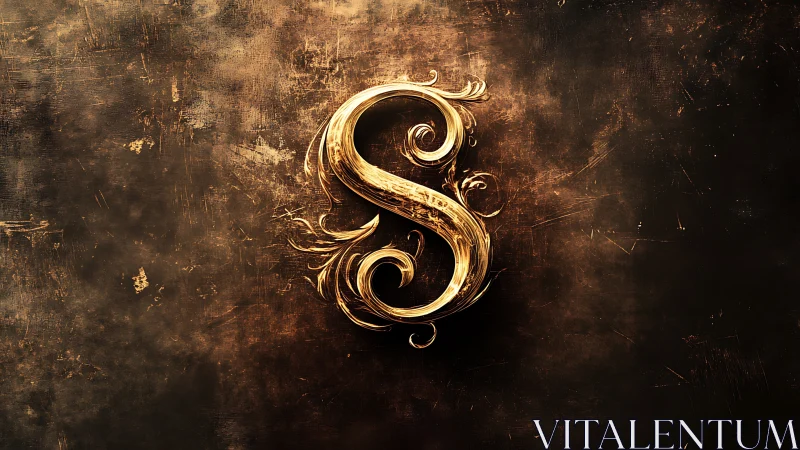 Gilded baroque letter S glowing on weathered bronze dusk.