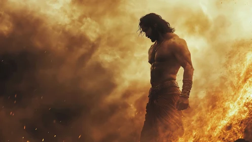 Fire-wreathed warrior pauses inside a storm of burning dusk.