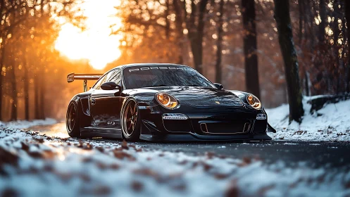 Black Porsche GT3 stands low on snowy forest road at sunset