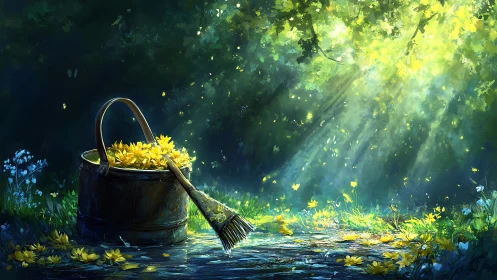Bucket of yellow flowers in forest clearing under light rays.