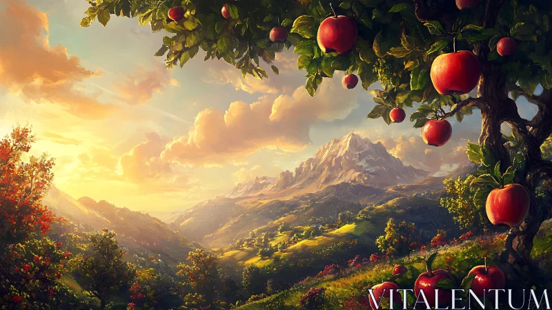 Sunlit apple valley dreaming beneath snowcapped guardians.