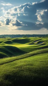 Photorealistic rolling golf course under dramatic cloudbank.