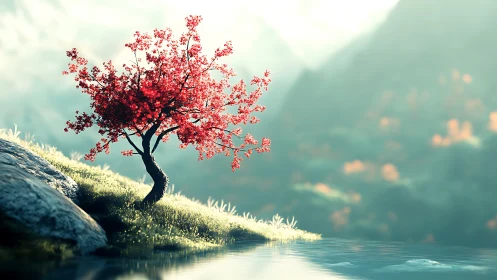 Crimson dreamtree leans over misty lakeside silence.