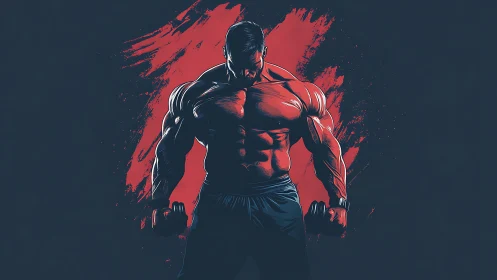High-contrast stylized bodybuilder with dumbbells and red backlight