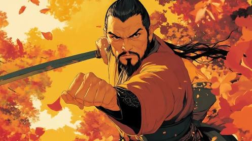 Samurai warrior strikes amid blazing autumn leaves storm.