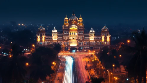 Illuminated domed palace at night with traffic light trails