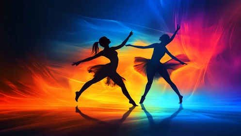 Dancers in swirling neon light painting the night sky.