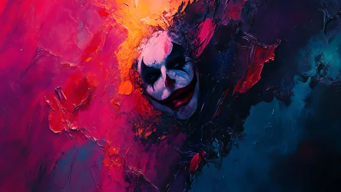 Clown mask emerges from turbulent neon impasto with high contrast