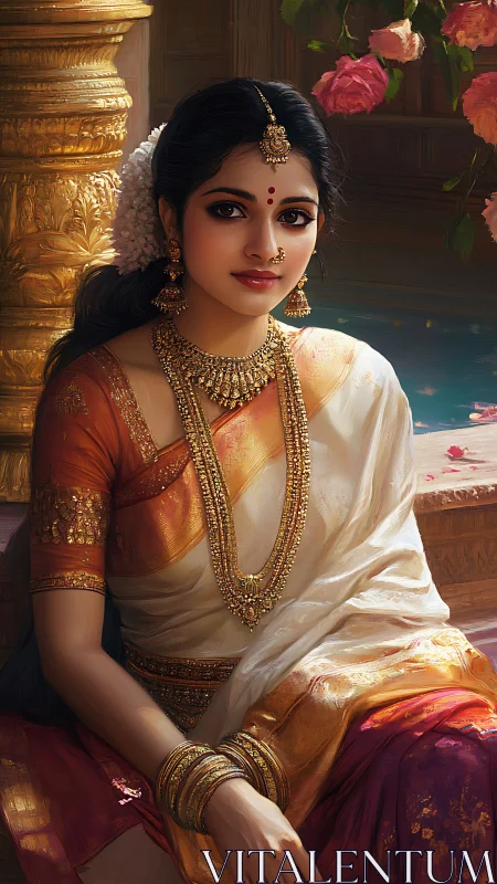 Regal South Indian bride rests in ornate golden setting.