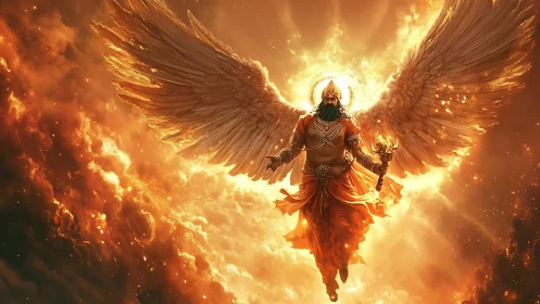 Digital painting of radiant winged deity in fiery ascension.