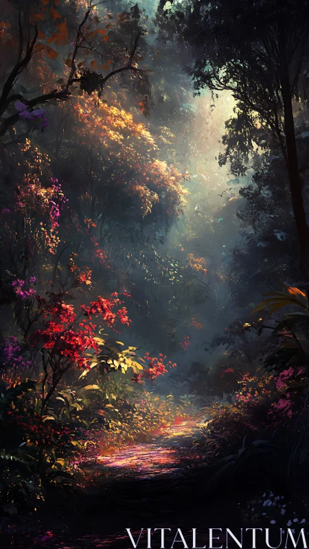 Illuminated Forest Path with Flowering Vegetation