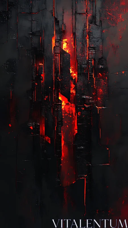 Vertical lava fissure splitting dark abstract monoliths.