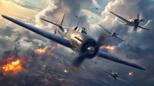 World War II fighter planes diving through heavy combat clouds.