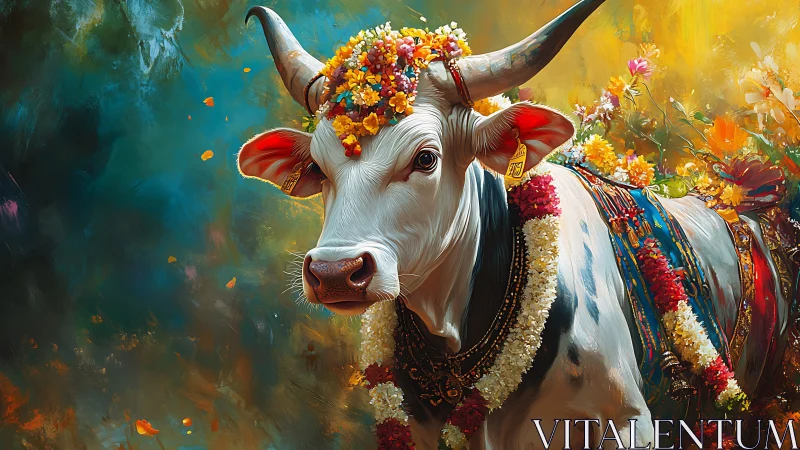 Garlanded white cow in ceremonial harness against vivid bokeh