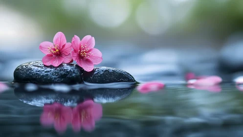 Gentle pink blossoms resting softly on smooth river stones.